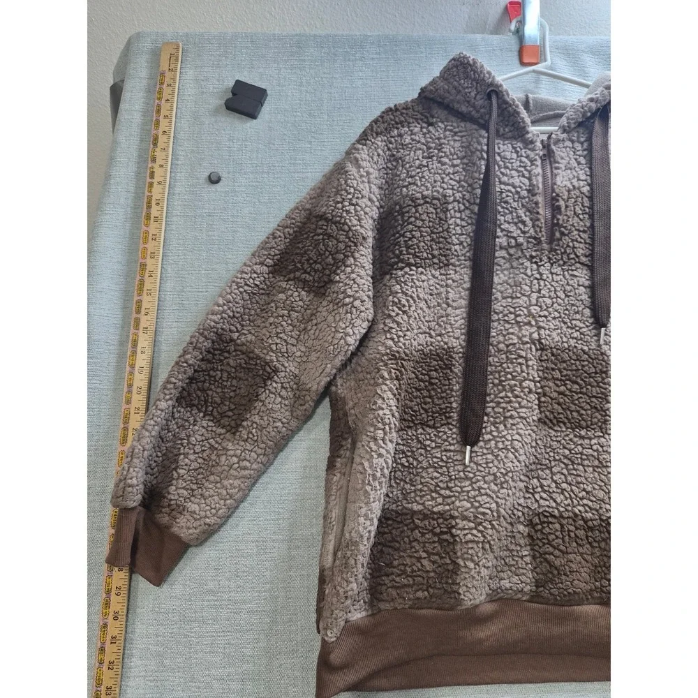 Womens Oversized Sherpa Hoodie Large Brown Check Stretch Ribbed Trim Winter